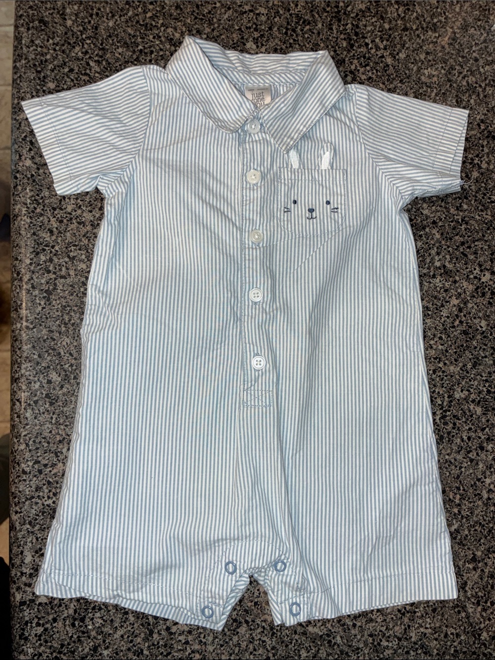 Carter's Light Blue & White Striped Short-Sleeve Button Romper with Bunny Detail